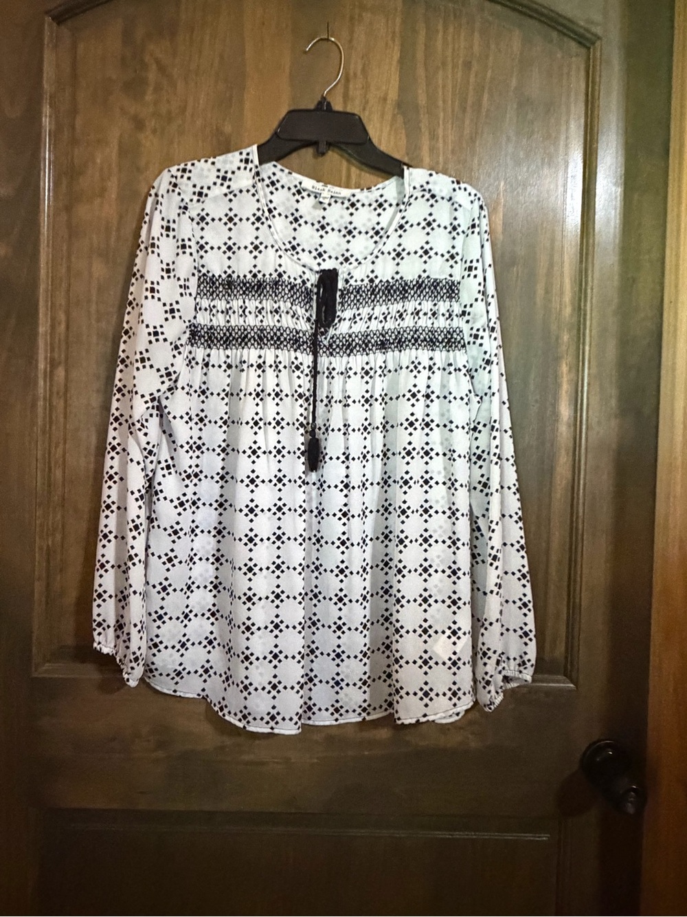 Black Rainn White Tunic with Black Smocked Yoke and Tassel
